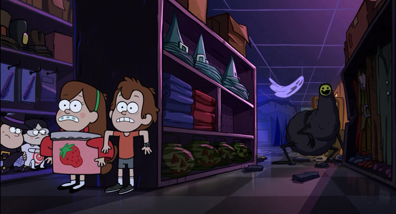 It’s scary but also really cute when taken out of context. It also appears to be a nod to Studio Ghibli’s No Face from the movie “Spirited Away”. In the Gravity Falls “Journal 3" book, Dipper notes that it “Can morph its body just like “Mr. Faceless” from the anime movie “The Cranky Girl Who Did Chores in Spirit Town.”